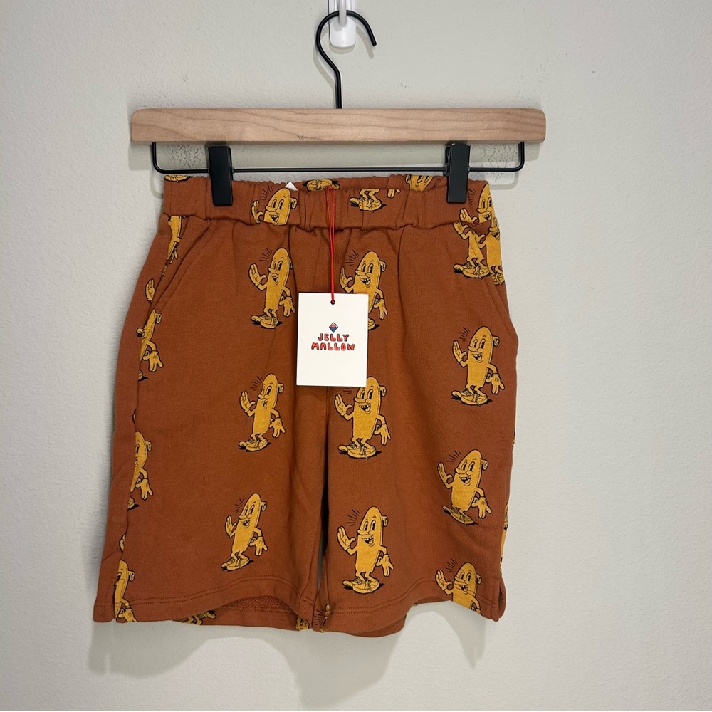 Jellymallow Graphic Shorts Kids 8–9Y – Brown Yellow All Over Print – Korea – NWT